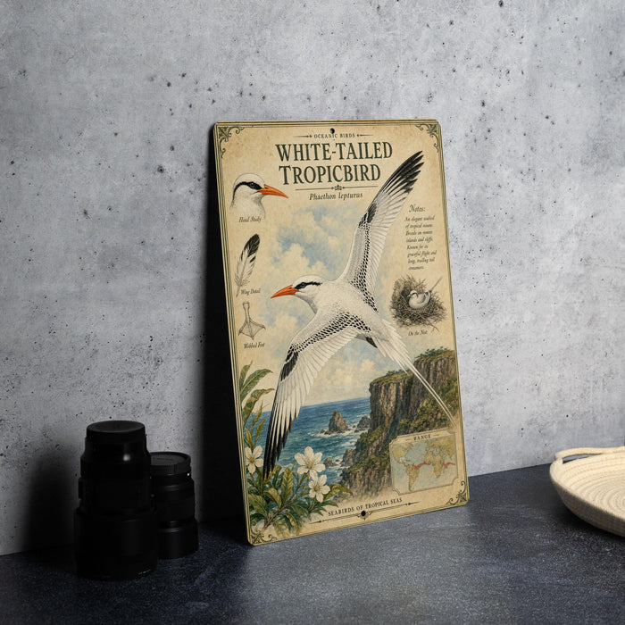 a vintage-style illustration of a white-tailed tropical bird, likely a seagull, with various bird-related illustrations and text.