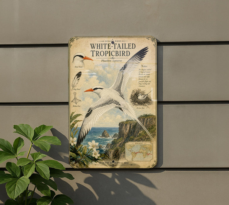 a vintage-style metal sign with illustrations of tropical birds, including a white-tailed tropic bird, against a backdrop of a tropical landscape.