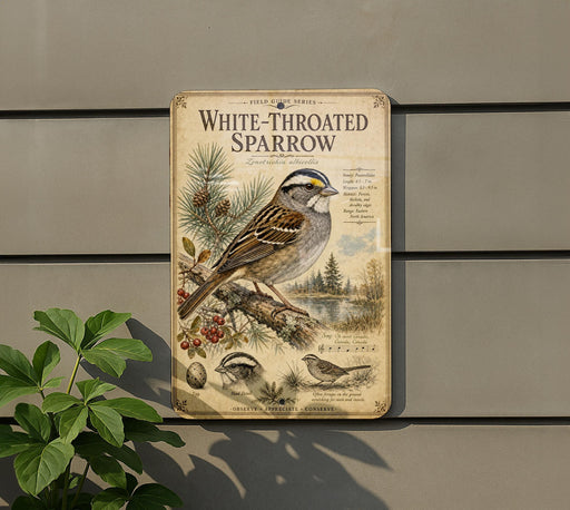 a vintage-style metal sign with illustrations of birds, including a white-throated sparrow, mounted on a wall.