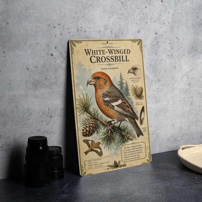 A vintage-style book or magazine cover titled "WHITE-WINGED CROSSBILL" featuring an illustration of a white-winged crossbill bird on a pine tree branch.