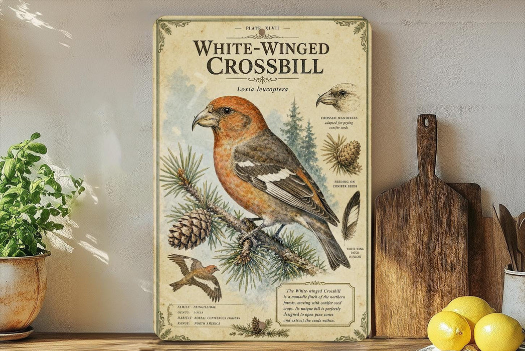 a vintage-style illustration of a White-winged Crossbill bird, with detailed illustrations of the bird, pine cones, and other natural elements. The text on the illustration provides information about the bird, including its habitat, size, and behavior.