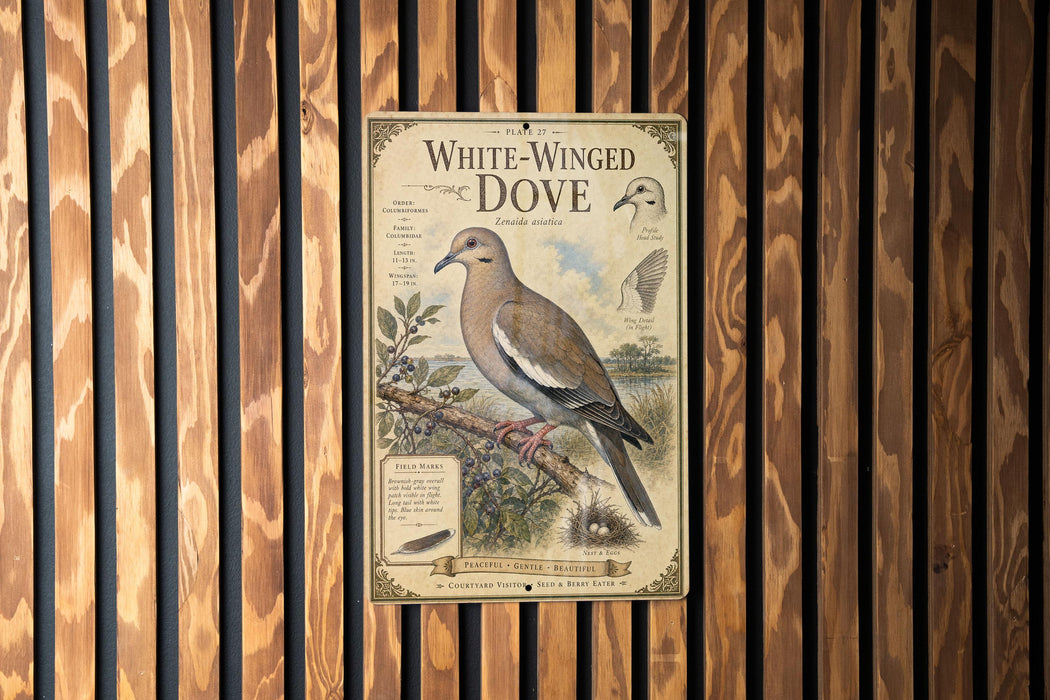 A vintage advertisement for a "White-winged Dove" is displayed on a wooden wall, featuring an illustration of the bird and text describing its features and characteristics.