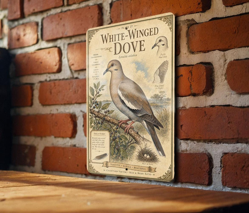 A vintage-style metal sign featuring an illustration of a white-winged dove, mounted on a brick wall.