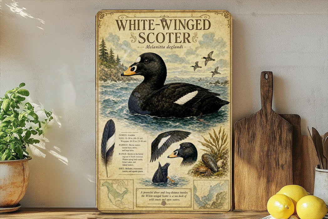 A vintage-style poster of a white-winged scoter, a type of water bird, is displayed on a wall next to a wooden cutting board and some potted plants.