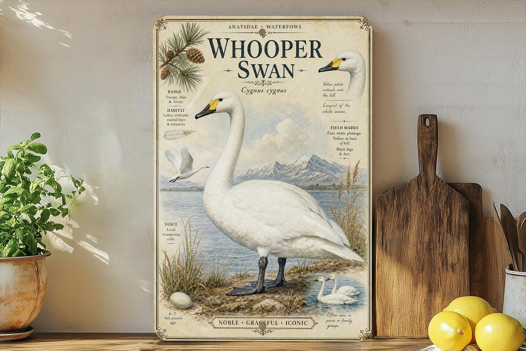 a vintage-style illustration of a swan, with a wooden paddle and a potted plant in the background.