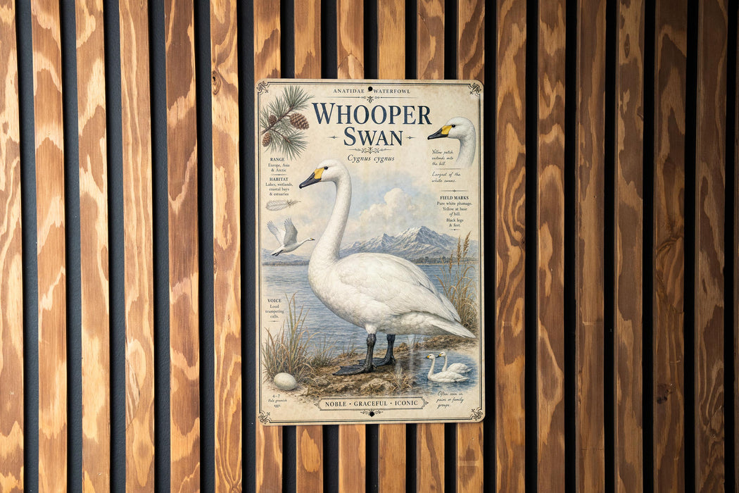 A vintage-style poster of a swan is displayed on a wooden wall, featuring illustrations of the swan and its natural habitat.