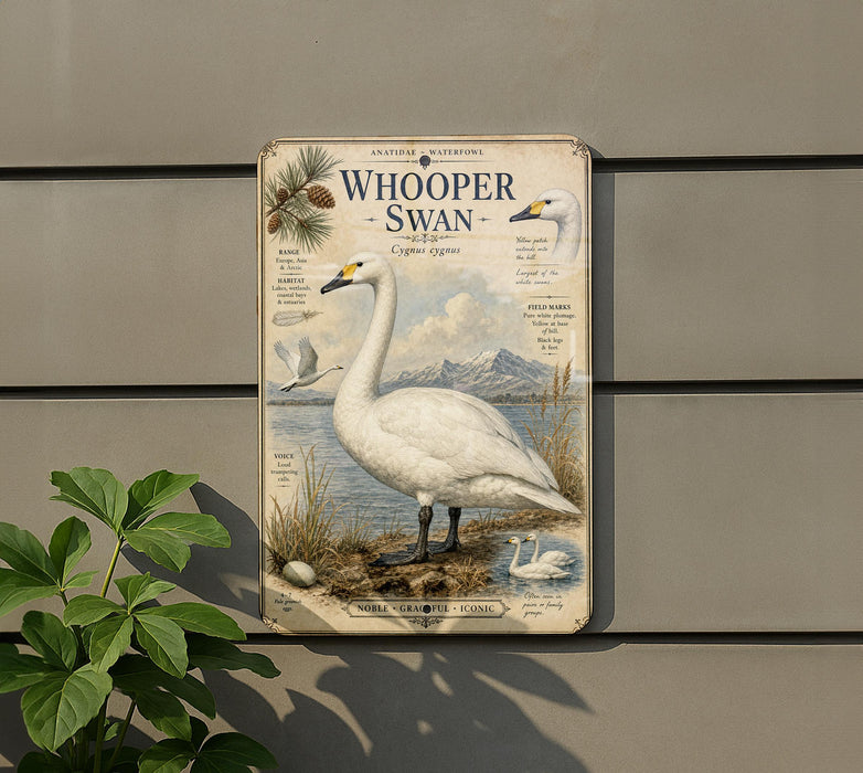 a vintage-style metal sign with an illustration of a swan, mounted on a wall.
