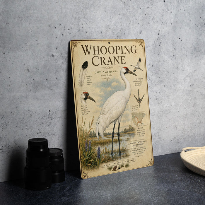 A vintage-style educational poster about the Whooping Crane, featuring illustrations and text about the bird species.