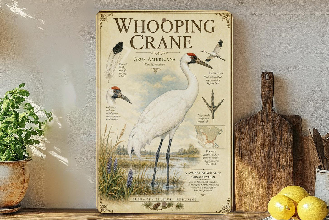 a poster of a Whooping Crane, a large white bird with a distinctive red head, standing in a grassy area with a body of water in the background. The poster includes illustrations and text that provide information about the Whooping Crane, such as its habitat, size, and behavior.