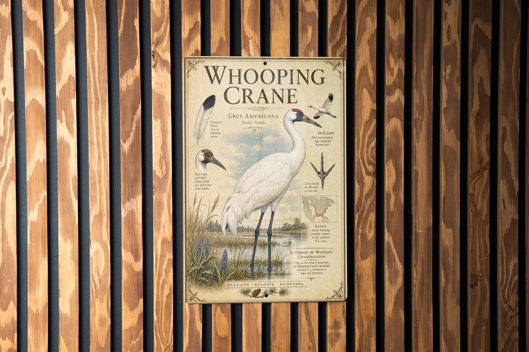 A vintage-style poster of a Whooping Crane is displayed on a wooden wall.