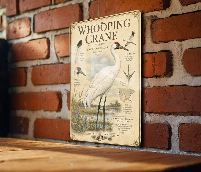 A poster of a Whooping Crane is displayed on a brick wall, featuring illustrations and text about the bird.