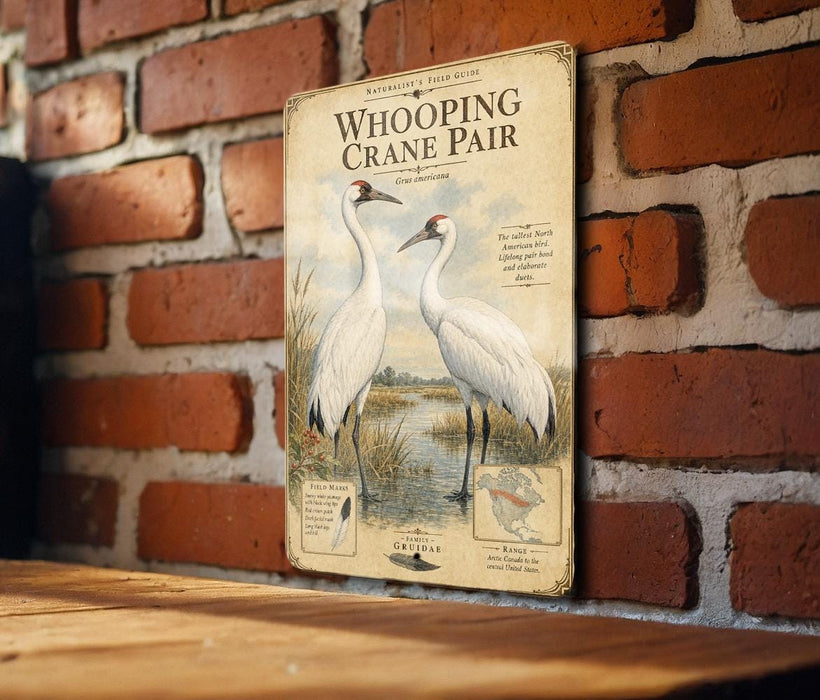 a vintage-style poster or sign with illustrations of two white cranes standing in a field, mounted on a brick wall.
