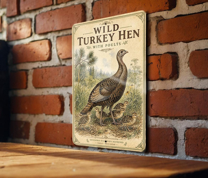 A vintage-style metal sign with an illustration of a turkey and its young, mounted on a brick wall.