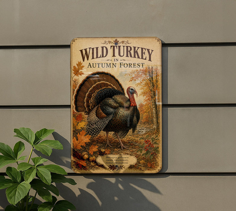 A metal sign with a turkey illustration and the text "Wild Turkey in Autumn Forest" is displayed on a wall, with a plant visible to the left.