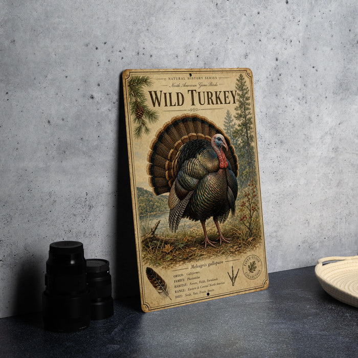 A vintage-style metal sign featuring an illustration of a wild turkey, with text and decorative elements, is displayed on a gray countertop next to some black camera lenses.