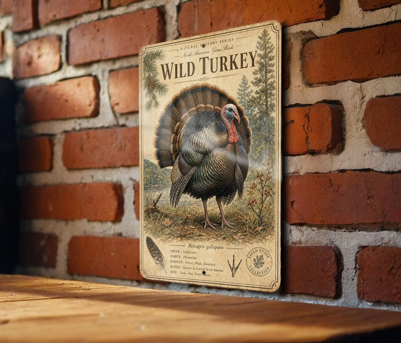 A vintage-style metal sign featuring a detailed illustration of a wild turkey, mounted on a brick wall.