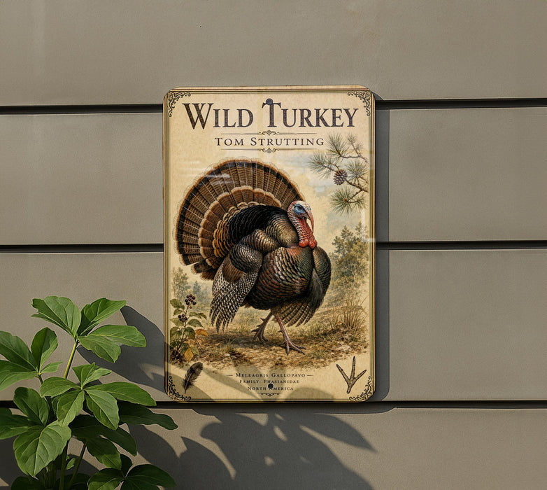 A metal sign featuring a detailed illustration of a wild turkey, with the title "Wild Turkey" prominently displayed.