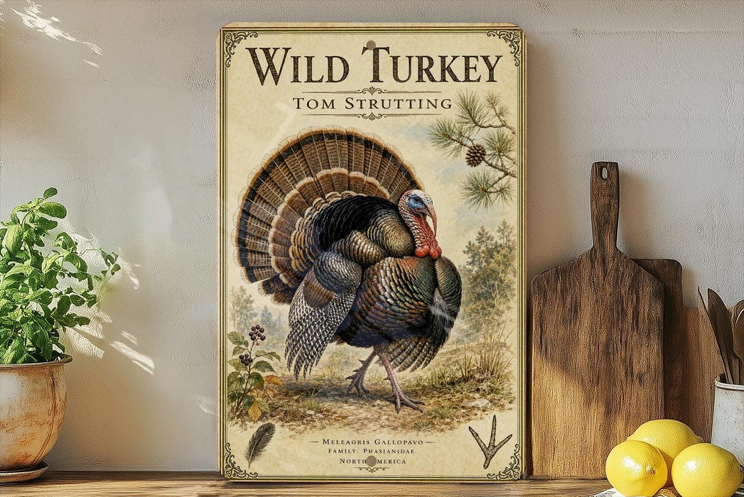a poster of a wild turkey with a decorative border, displayed on a shelf next to a wooden cutting board and some lemons.