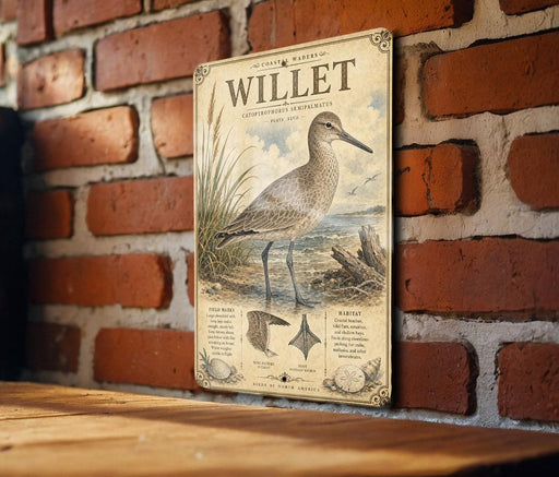 A vintage-style illustration of a bird, likely a stork, standing on a brick wall. The illustration includes text and various bird features, such as a long beak and a large head.