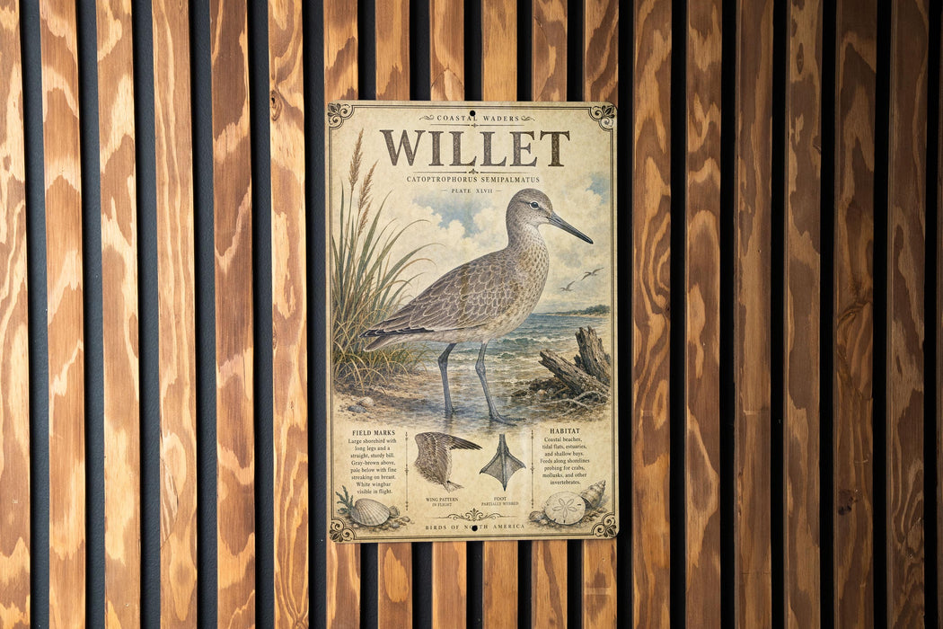 A poster of a bird, specifically a Willlet, is displayed on a wooden wall.
