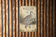 A poster of a bird, specifically a Willlet, is displayed on a wooden wall.