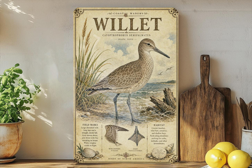 A vintage-style metal plate with an illustration of a bird, likely a willet, standing on a beach. The plate has text and illustrations that describe the bird, including its size, habitat, and diet.
