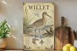 A vintage-style metal plate with an illustration of a bird, likely a willet, standing on a beach. The plate has text and illustrations that describe the bird, including its size, habitat, and diet.