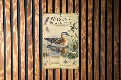 A vintage-style poster of a bird, likely a phalarope, is displayed on a wooden wall.