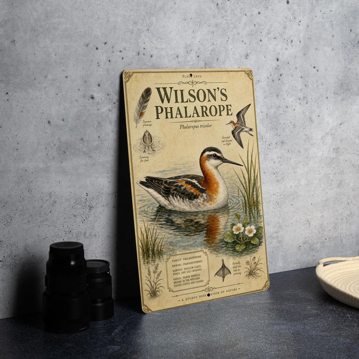 A vintage-style metal plaque with illustrations and text about Wilson's Phalarope, a type of wading bird, is displayed on a gray countertop.