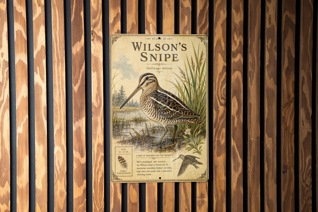 A vintage-style poster of a bird, likely a species of wading bird, is displayed on a wooden wall.