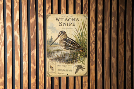 A vintage-style poster of a bird, likely a species of wading bird, is displayed on a wooden wall.