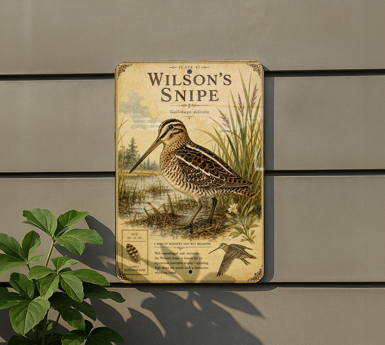 A vintage-style metal sign featuring an illustration of a bird, likely Wilson's Snipe, standing in a natural setting.