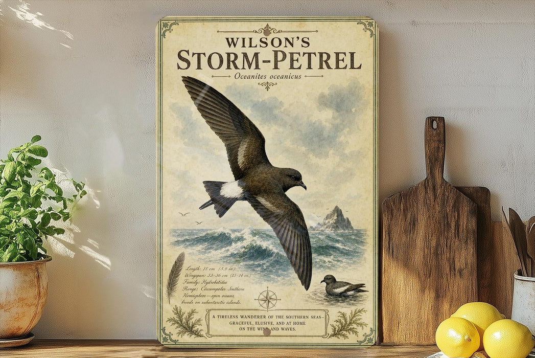 a vintage-style poster of a seagull in flight, with a coastal landscape in the background, displayed on a wall next to a wooden cutting board and some potted plants.