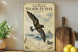 a vintage-style poster of a seagull in flight, with a coastal landscape in the background, displayed on a wall next to a wooden cutting board and some potted plants.