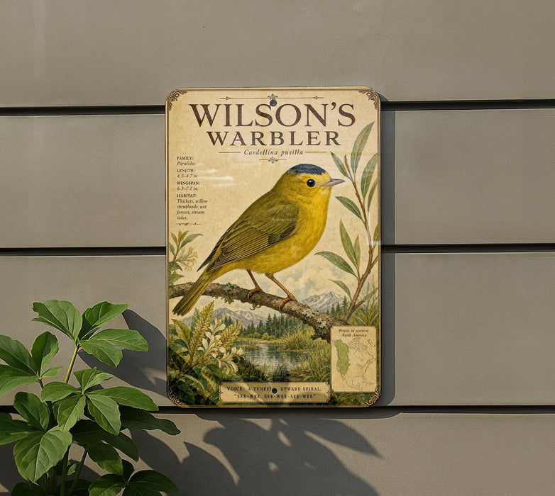 A vintage-style metal sign with a yellow bird perched on a branch, featuring text and illustrations related to Wilson's Warbler.