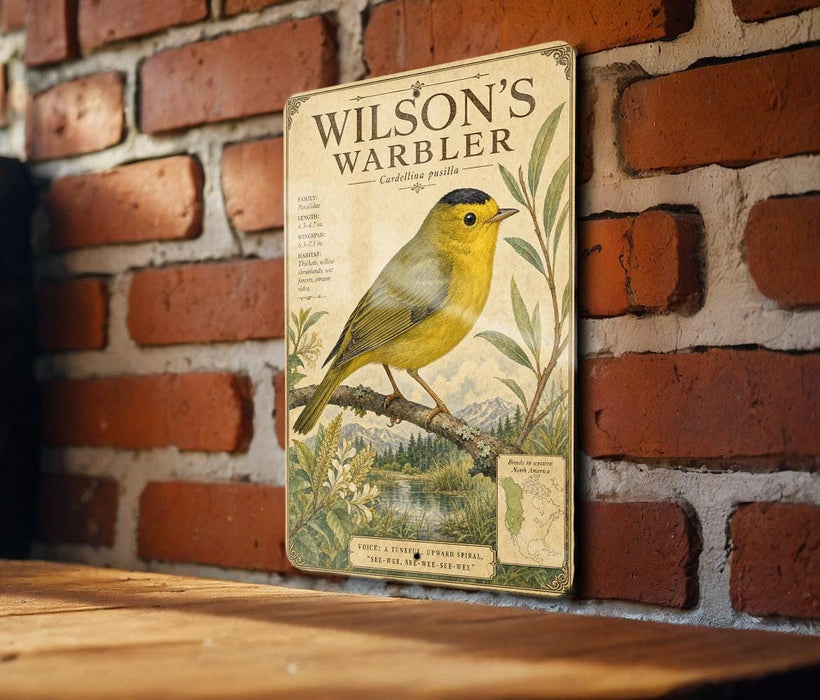 A vintage-style metal plaque featuring a yellow warbler bird on a branch, with a map and text below it, mounted on a brick wall.