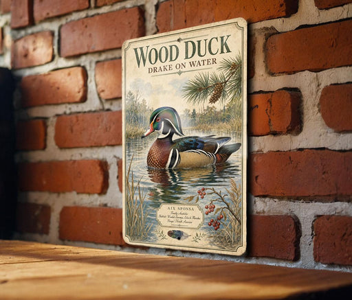 A vintage-style metal sign featuring a wood duck swimming in a pond, with a brick wall and pine tree in the background.