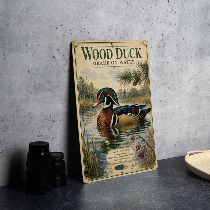 A vintage-style sign featuring a wood duck swimming in a pond, surrounded by nature elements such as pine trees and berries.