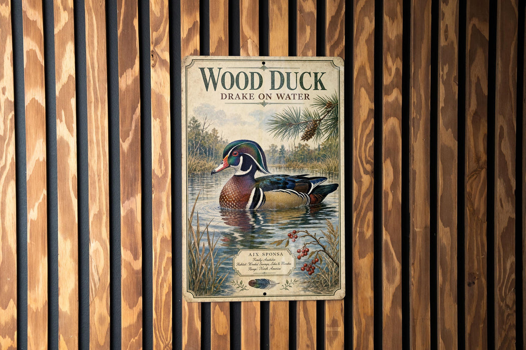 A vintage-style metal sign featuring a wood duck swimming in a pond, surrounded by pine trees and other natural elements.