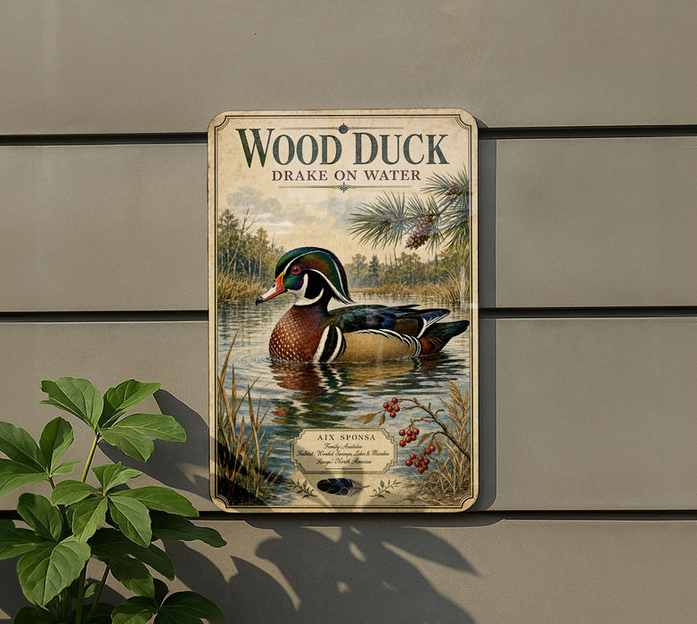 A vintage-style sign featuring a wood duck swimming in a pond, surrounded by lush greenery and pine trees.