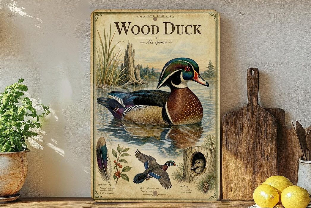 A vintage-style poster of a wood duck is displayed on a wall, surrounded by various kitchen utensils and a potted plant.