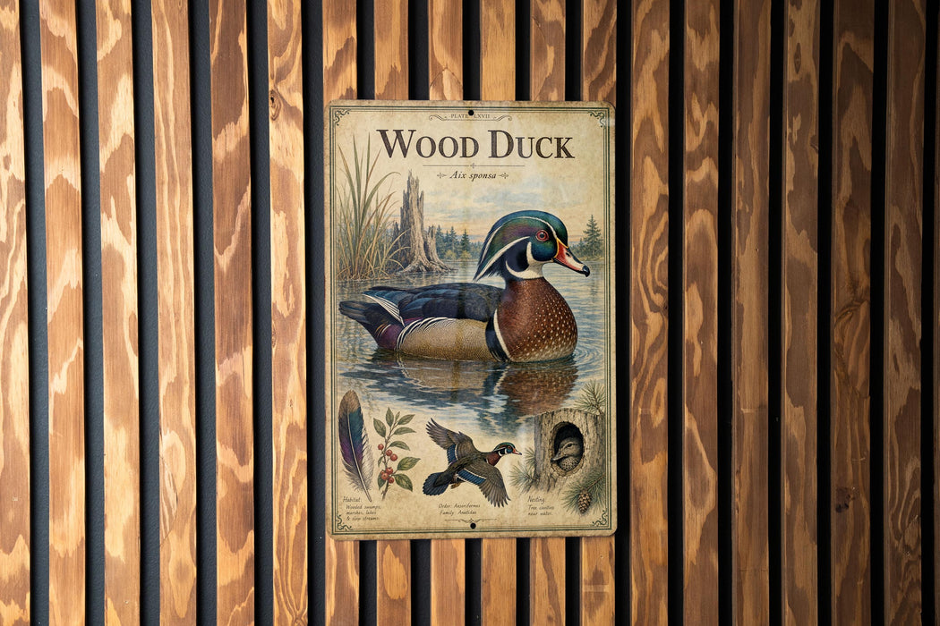 A vintage-style poster of a wood duck is displayed on a wooden wall, featuring a detailed illustration of the bird in its natural habitat.
