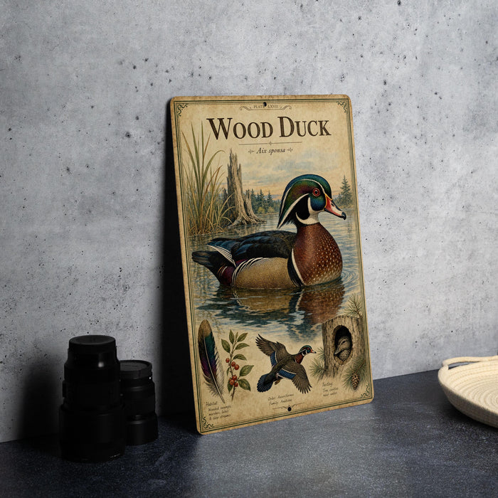 A vintage-style metal sign featuring an illustration of a wood duck, with additional text and decorative elements.