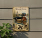 A vintage-style metal sign featuring a wood duck illustration, with additional wildlife elements and text.