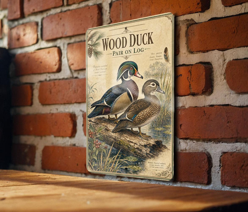 A vintage-style metal sign featuring illustrations of wood ducks perched on a log, mounted on a brick wall.