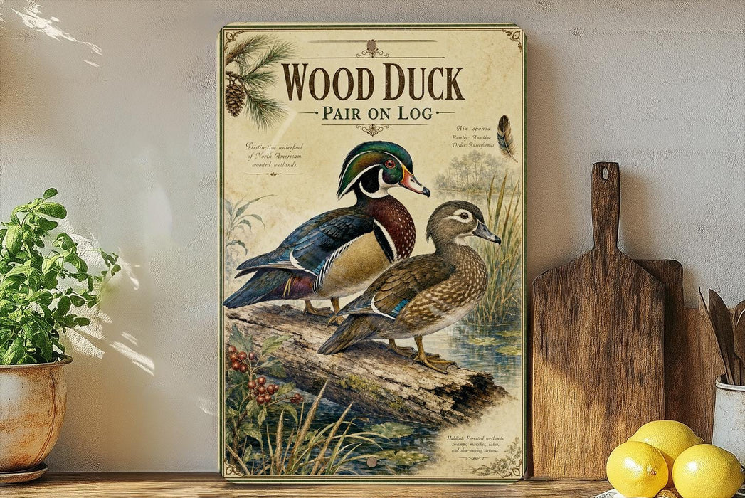 A framed illustration of two wood ducks perched on a log, surrounded by a natural scene, is displayed on a shelf next to a wooden cutting board and some fruit.