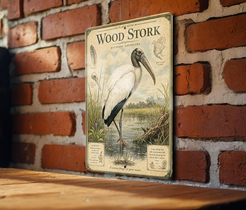 A vintage-style metal sign featuring an illustration of a wood stork standing in a marshy area, mounted on a brick wall.