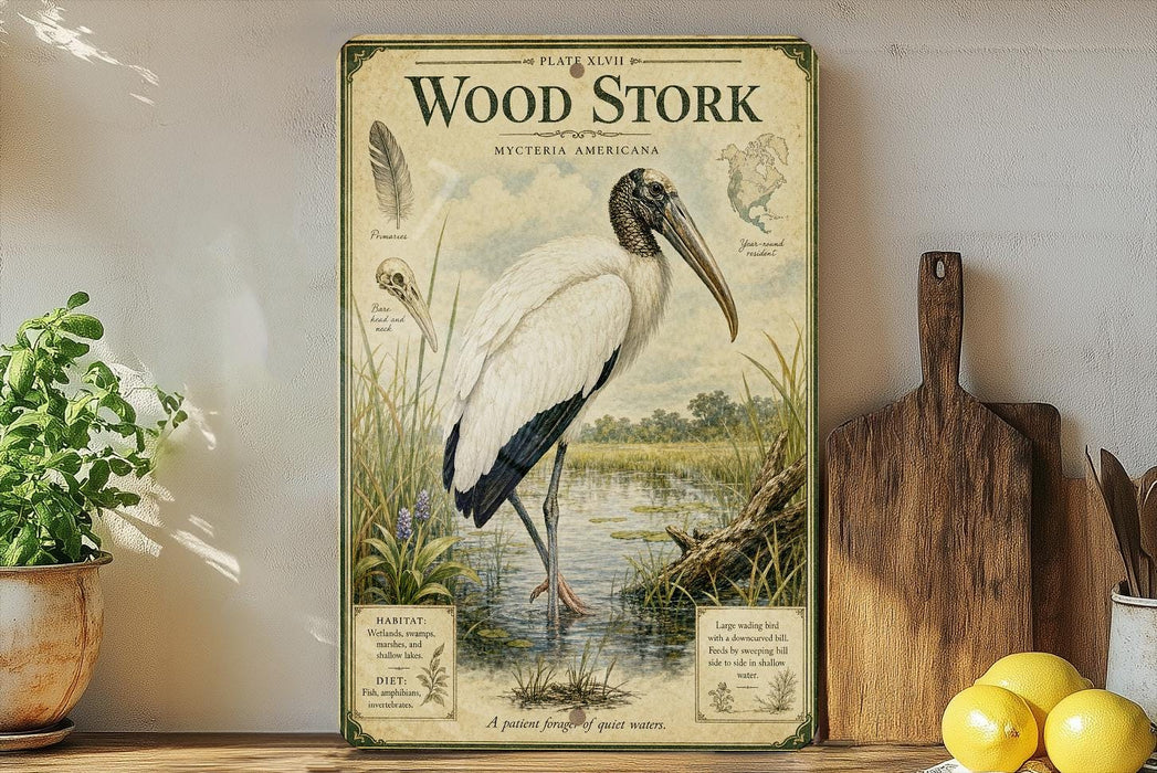 A vintage-style metal poster of a wood stork is displayed on a shelf, accompanied by a wooden cutting board and a potted plant.
