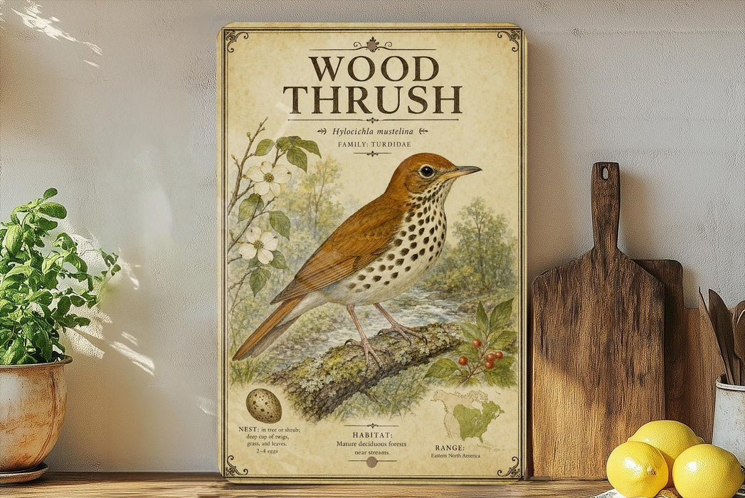 a wooden frame with a detailed illustration of a bird perched on a branch, surrounded by various plants and flowers. The frame is placed on a wooden shelf, with a wooden cutting board and a potted plant nearby.