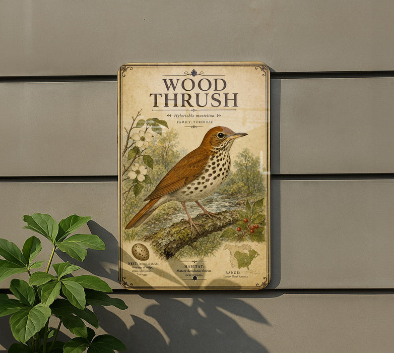 a vintage-style metal sign with a detailed illustration of a bird perched on a branch, surrounded by flowers and foliage.